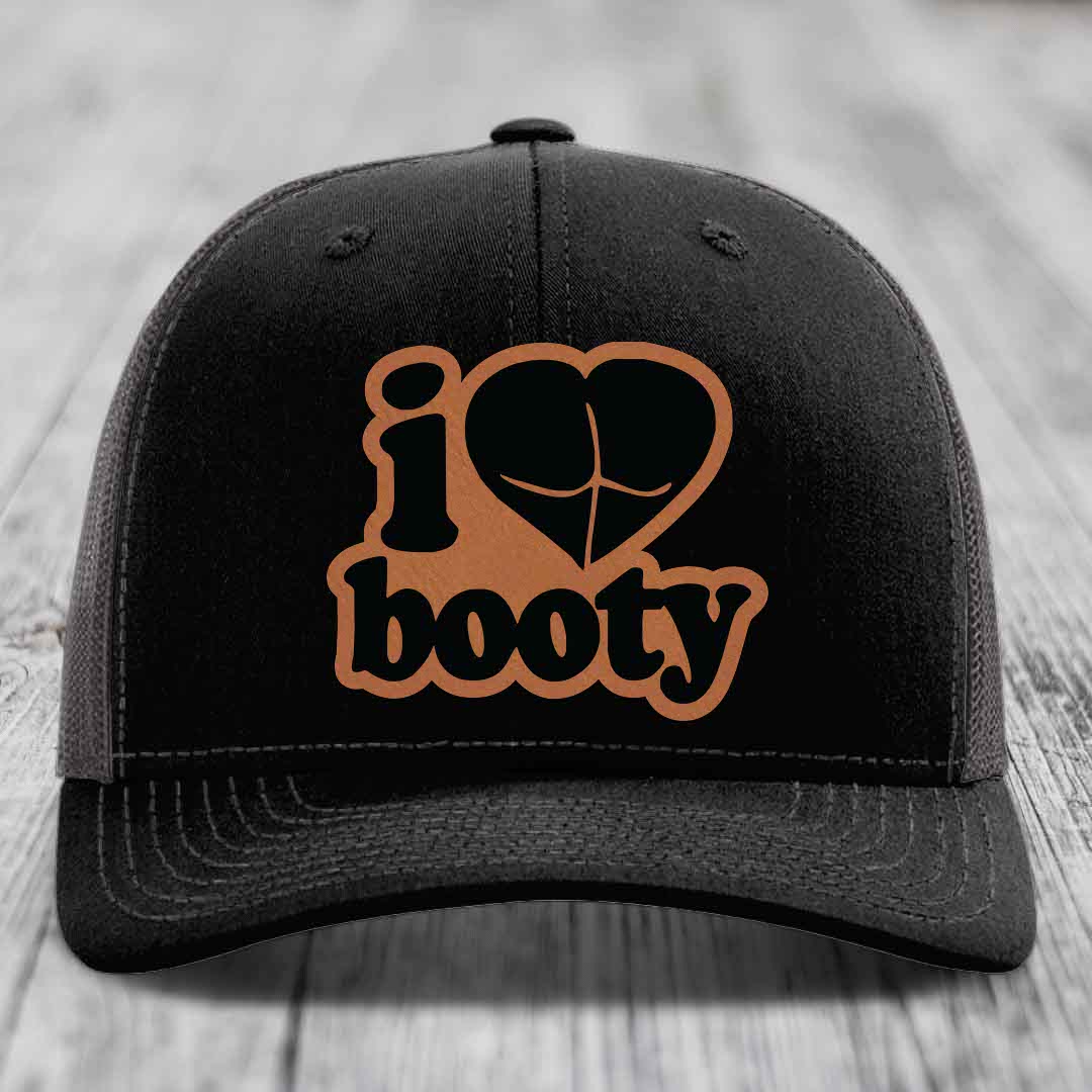 I Love Booty - Leather Patch Hat - Rawhide to Black Patch - Richardson 112 Snapback Trucker Hat