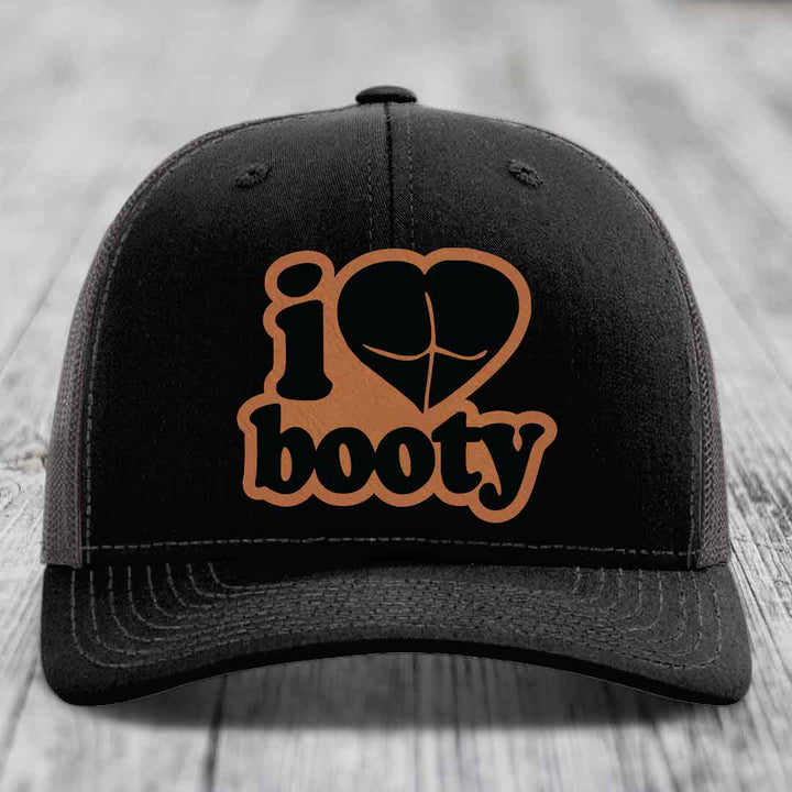 I Love Booty - Leather Patch Hat - Rawhide to Black Patch - Richardson 112 Snapback Trucker Hat