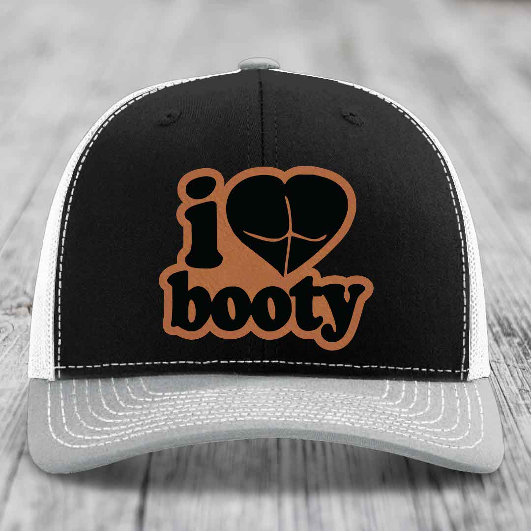 I Love Booty - Leather Patch Hat - Rawhide to Black Patch - Richardson 112 Snapback Trucker Hat