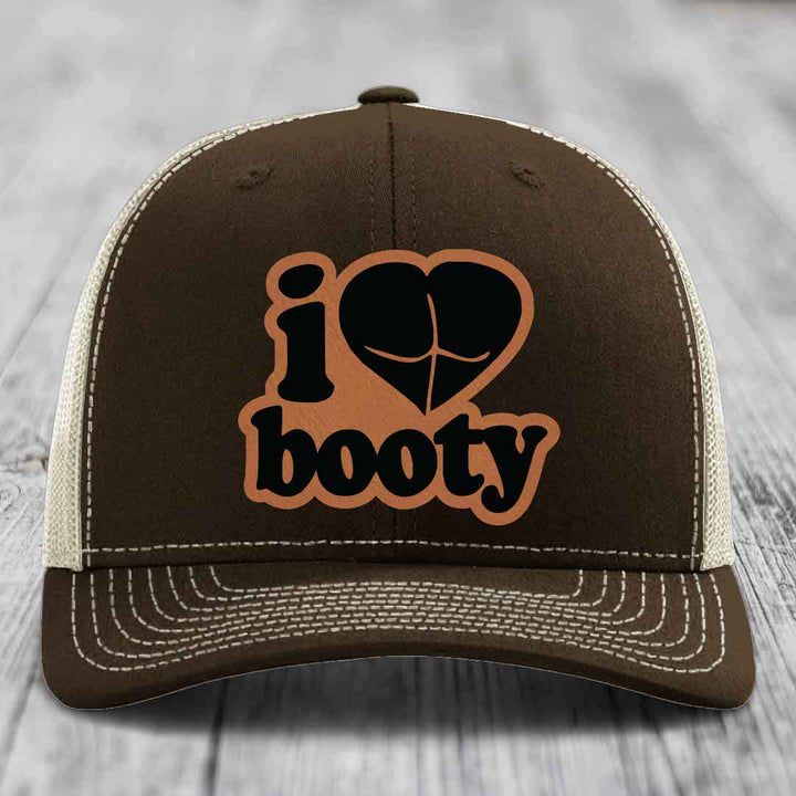 I Love Booty - Leather Patch Hat - Rawhide to Black Patch - Richardson 112 Snapback Trucker Hat