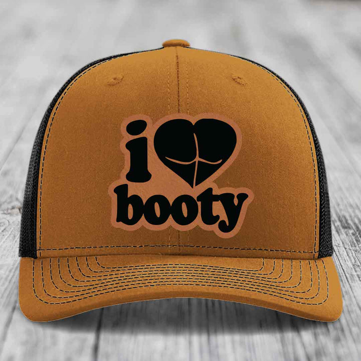 I Love Booty - Leather Patch Hat - Rawhide to Black Patch - Richardson 112 Snapback Trucker Hat