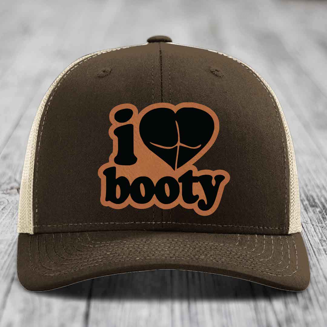 I Love Booty - Leather Patch Hat - Rawhide to Black Patch - Richardson 112 Snapback Trucker Hat