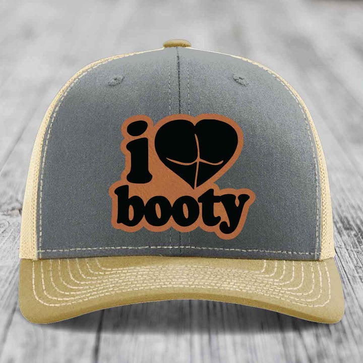 I Love Booty - Leather Patch Hat - Rawhide to Black Patch - Richardson 112 Snapback Trucker Hat