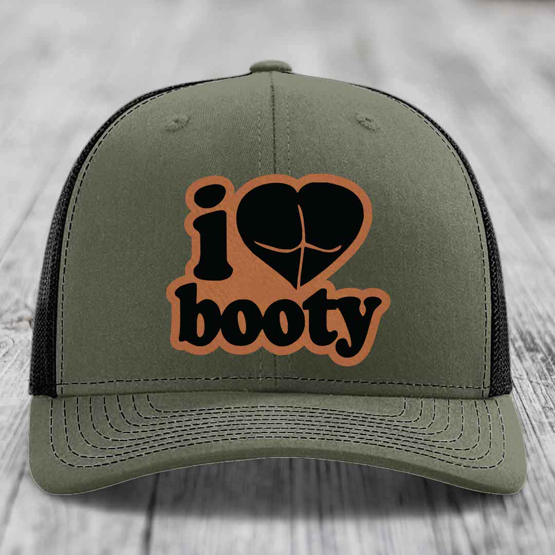 I Love Booty - Leather Patch Hat - Rawhide to Black Patch - Richardson 112 Snapback Trucker Hat
