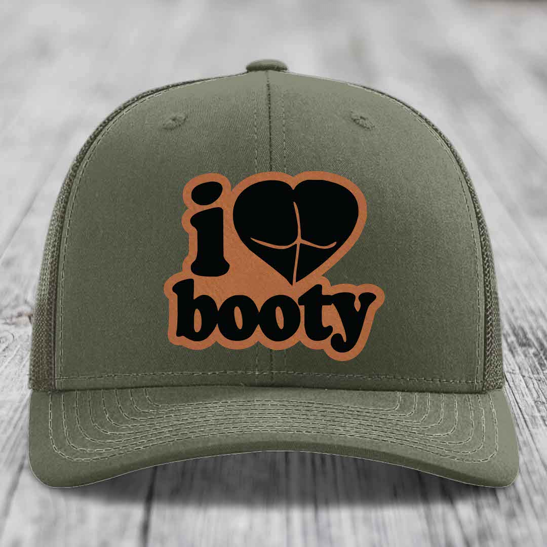 I Love Booty - Leather Patch Hat - Rawhide to Black Patch - Richardson 112 Snapback Trucker Hat