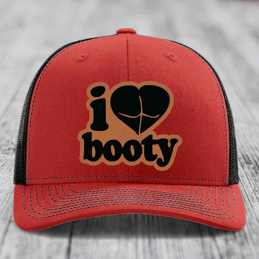 I Love Booty - Leather Patch Hat - Rawhide to Black Patch - Richardson 112 Snapback Trucker Hat