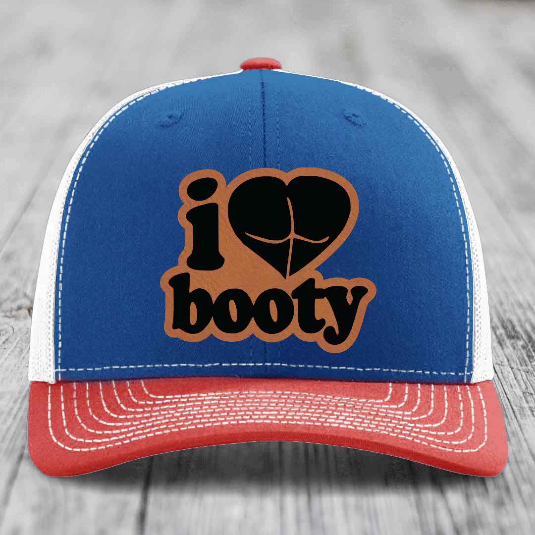 I Love Booty - Leather Patch Hat - Rawhide to Black Patch - Richardson 112 Snapback Trucker Hat