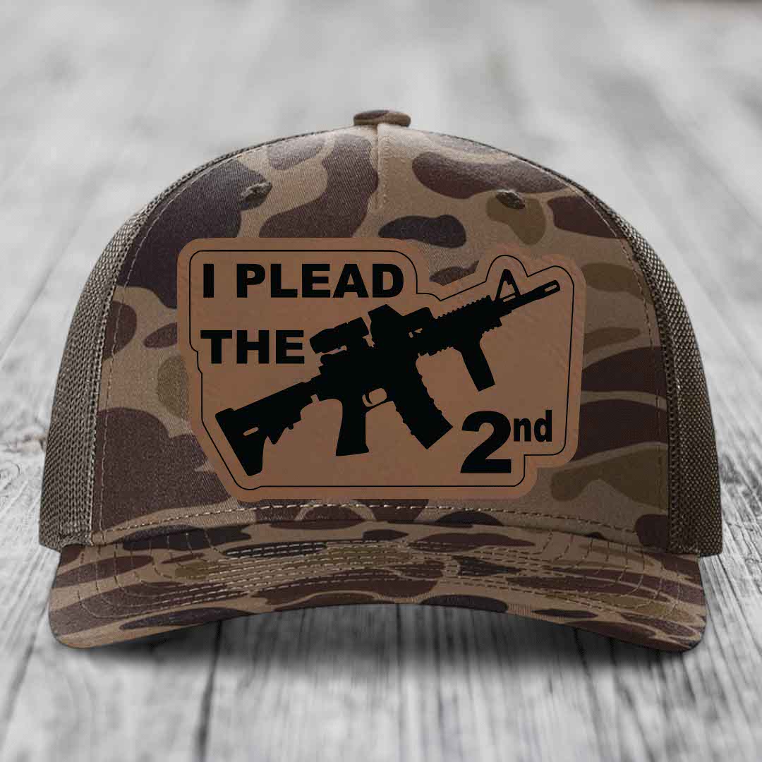I Plead the 2nd - Leather Patch Hat - Dark Brown to Black Patch - Richardson 112PFP Snapback Trucker Hat