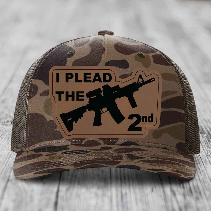 I Plead the 2nd - Leather Patch Hat - Dark Brown to Black Patch - Richardson 112PFP Snapback Trucker Hat