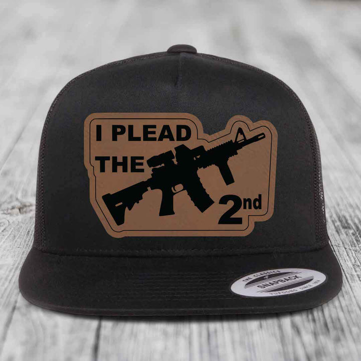 I Plead the 2nd - Leather Patch Hat - Dark Brown to Black Patch - Yupoong 6006 Snapback Flatbill Hat
