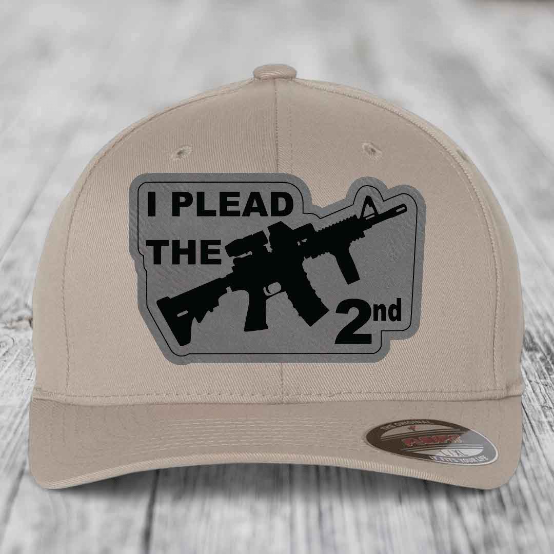 I Plead the 2nd - Leather Patch Hat - Grey to Black Patch - Flexfit 6277 Fitted Hat