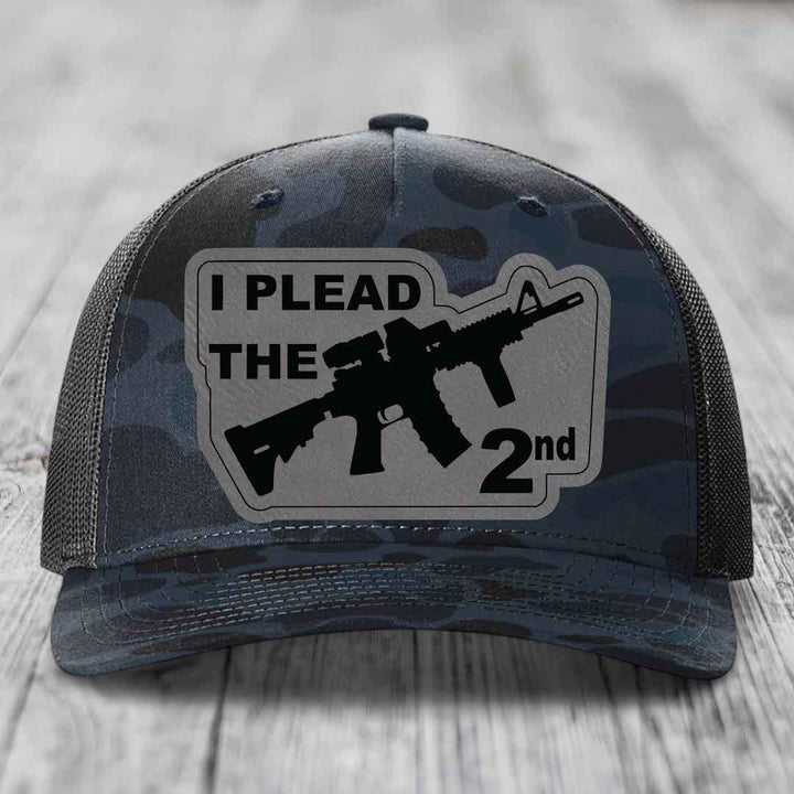 I Plead the 2nd - Leather Patch Hat - Grey to Black Patch - Richardson 112PFP Snapback Trucker Hat