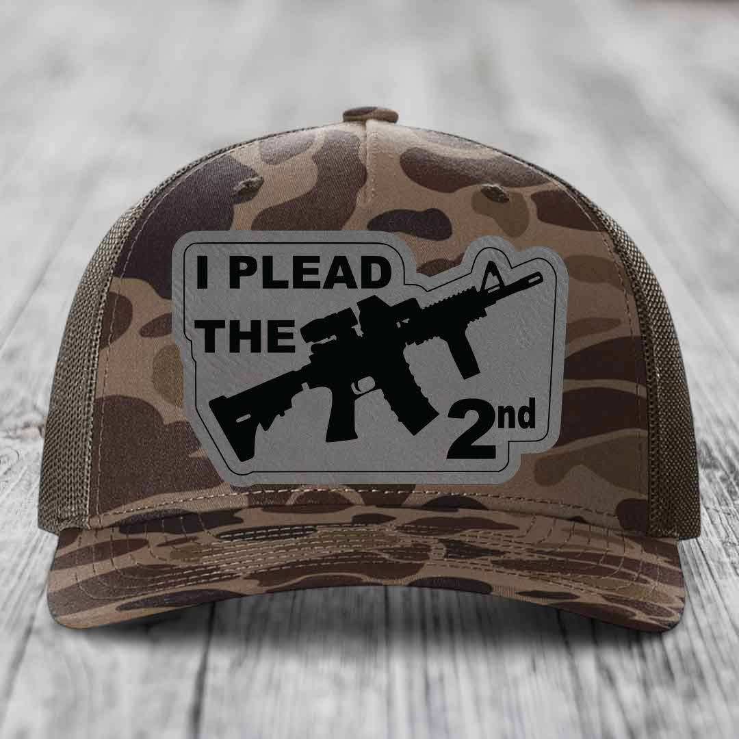 I Plead the 2nd - Leather Patch Hat - Grey to Black Patch - Richardson 112PFP Snapback Trucker Hat