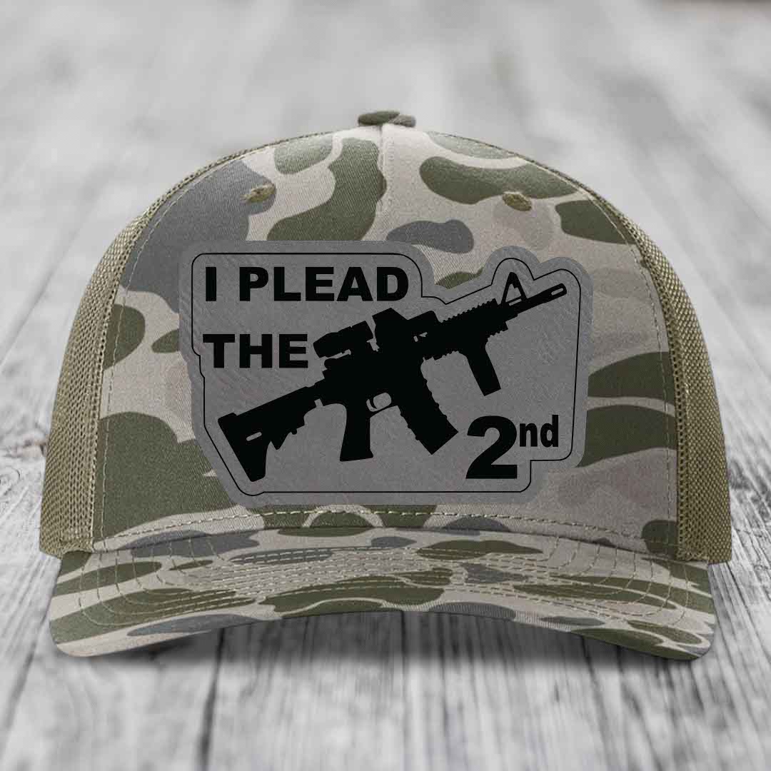 I Plead the 2nd - Leather Patch Hat - Grey to Black Patch - Richardson 112PFP Snapback Trucker Hat