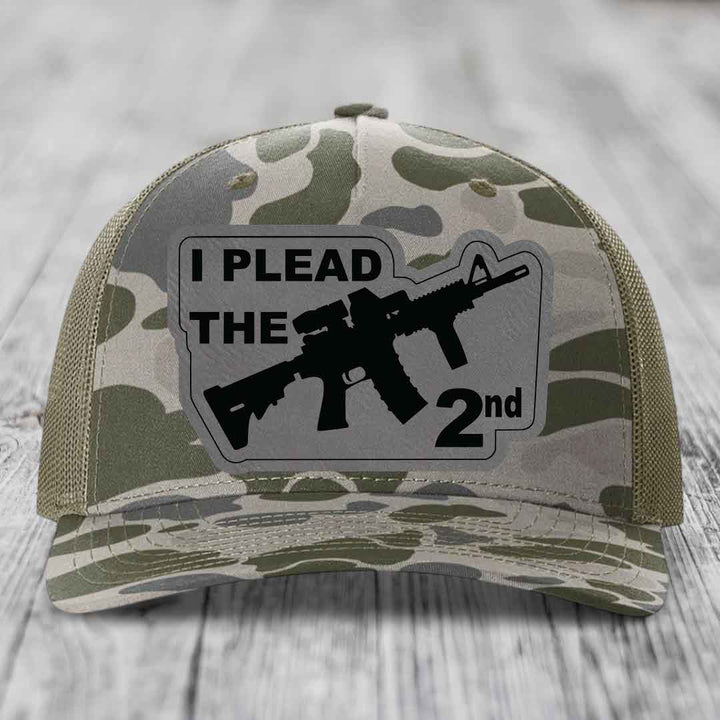 I Plead the 2nd - Leather Patch Hat - Grey to Black Patch - Richardson 112PFP Snapback Trucker Hat