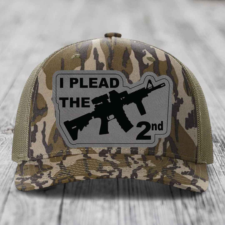 I Plead the 2nd - Leather Patch Hat - Grey to Black Patch - Richardson 112PFP Snapback Trucker Hat
