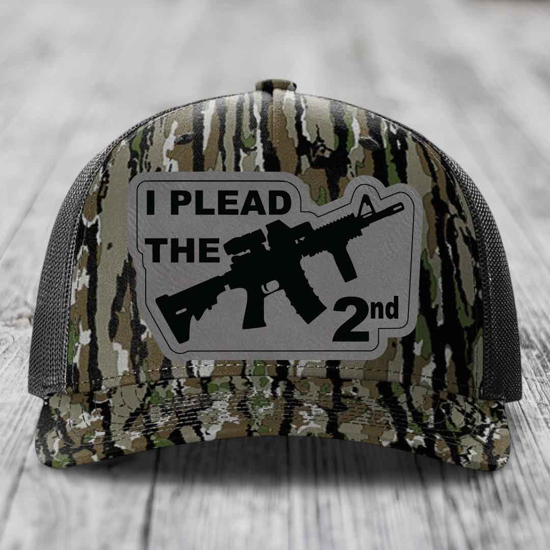 I Plead the 2nd - Leather Patch Hat - Grey to Black Patch - Richardson 112PFP Snapback Trucker Hat