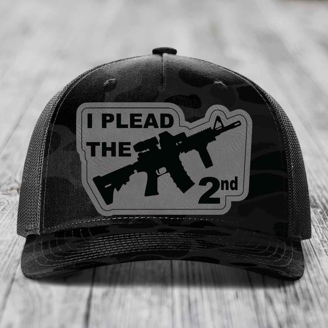 I Plead the 2nd - Leather Patch Hat - Grey to Black Patch - Richardson 112PFP Snapback Trucker Hat