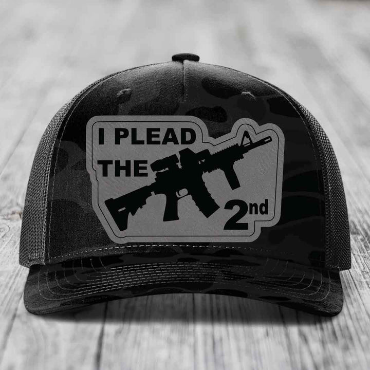 I Plead the 2nd - Leather Patch Hat - Grey to Black Patch - Richardson 112PFP Snapback Trucker Hat