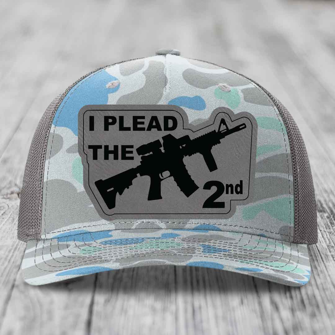 I Plead the 2nd - Leather Patch Hat - Grey to Black Patch - Richardson 112PFP Snapback Trucker Hat