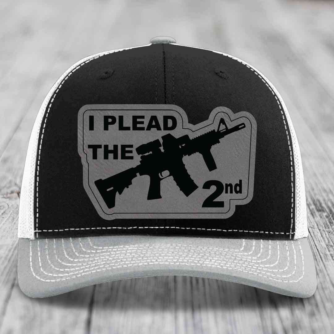 I Plead the 2nd - Leather Patch Hat - Grey to Black Patch - Richardson 112 Snapback Trucker Hat