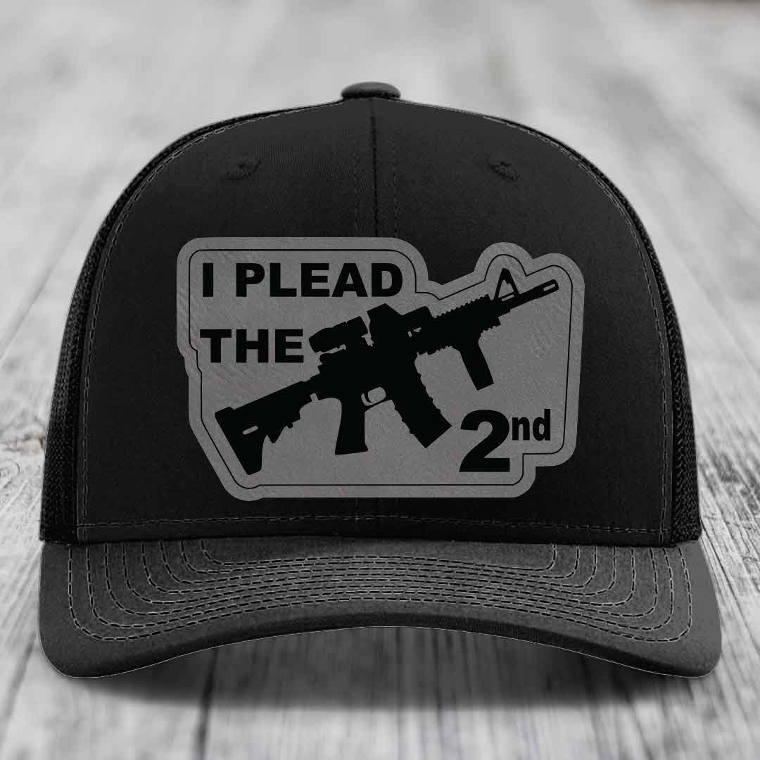 I Plead the 2nd - Leather Patch Hat - Grey to Black Patch - Richardson 112 Snapback Trucker Hat