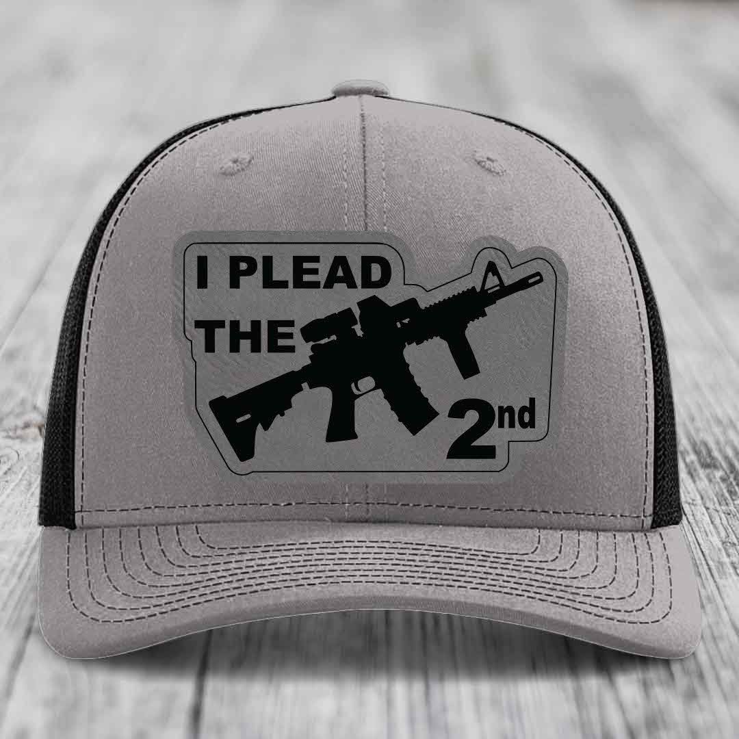 I Plead the 2nd - Leather Patch Hat - Grey to Black Patch - Richardson 112 Snapback Trucker Hat