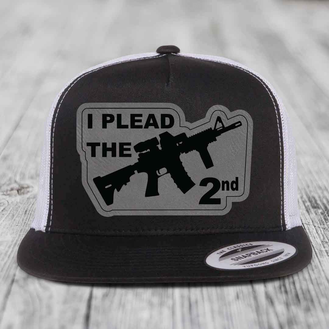 I Plead the 2nd - Leather Patch Hat - Grey to Black Patch - Yupoong 6006 Snapback Flatbill Hat