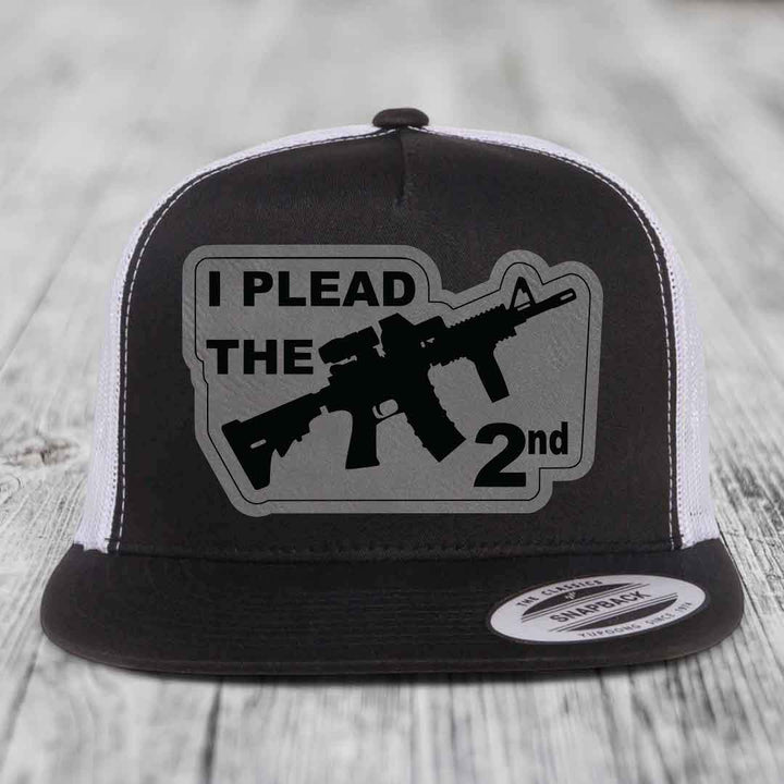 I Plead the 2nd - Leather Patch Hat - Grey to Black Patch - Yupoong 6006 Snapback Flatbill Hat