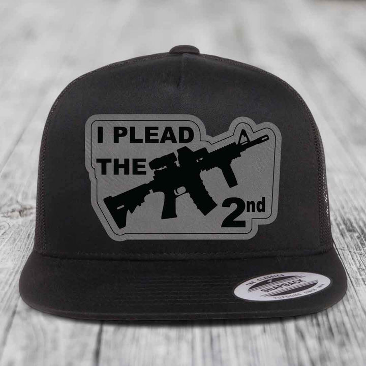 I Plead the 2nd - Leather Patch Hat - Grey to Black Patch - Yupoong 6006 Snapback Flatbill Hat