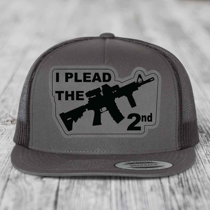I Plead the 2nd - Leather Patch Hat - Grey to Black Patch - Yupoong 6006 Snapback Flatbill Hat