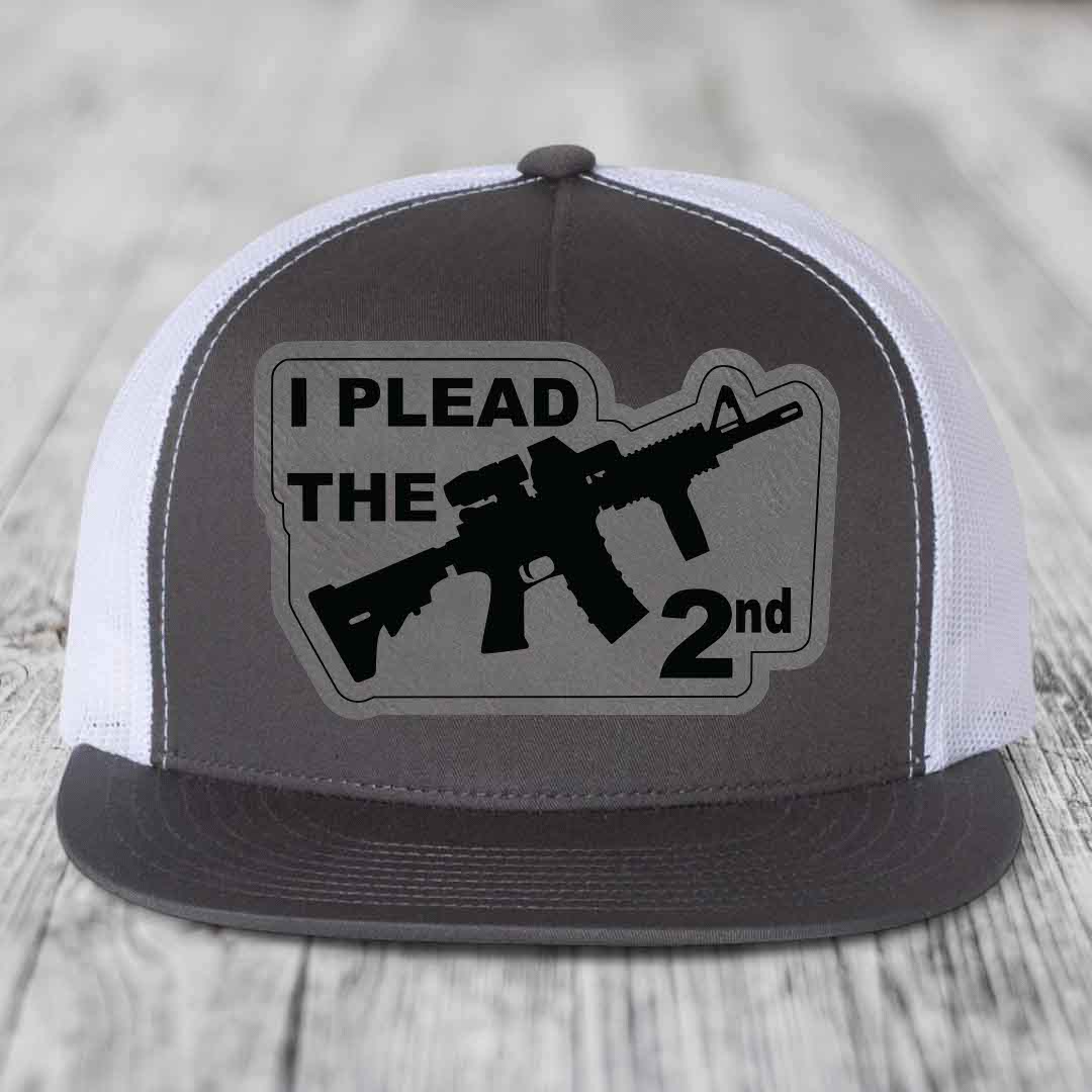 I Plead the 2nd - Leather Patch Hat - Grey to Black Patch - Yupoong 6006 Snapback Flatbill Hat