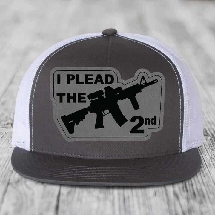 I Plead the 2nd - Leather Patch Hat - Grey to Black Patch - Yupoong 6006 Snapback Flatbill Hat