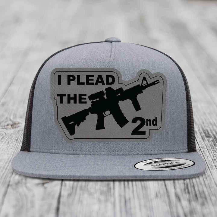 I Plead the 2nd - Leather Patch Hat - Grey to Black Patch - Yupoong 6006 Snapback Flatbill Hat