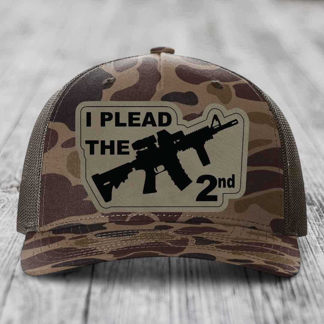 I Plead the 2nd - Leather Patch Hat - Light Brown to Black Patch - Richardson 112PFP Snapback Trucker Hat