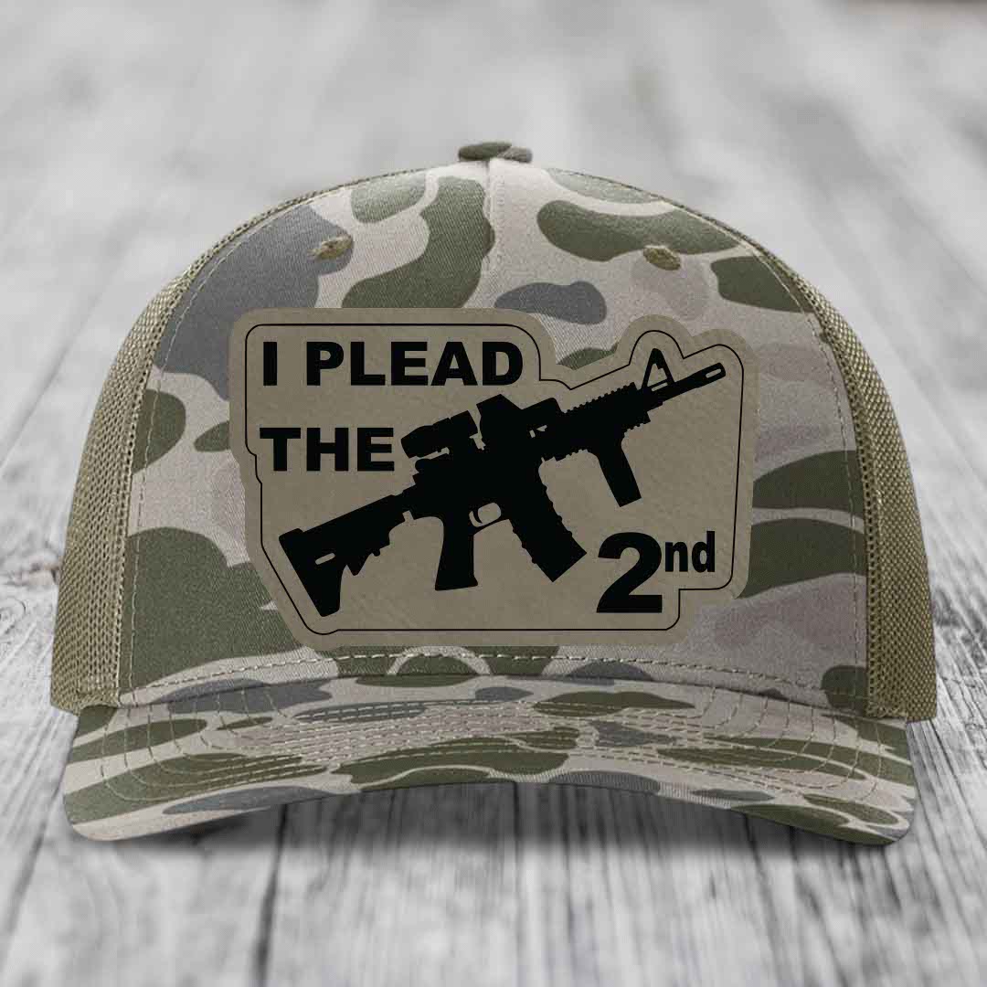 I Plead the 2nd - Leather Patch Hat - Light Brown to Black Patch - Richardson 112PFP Snapback Trucker Hat