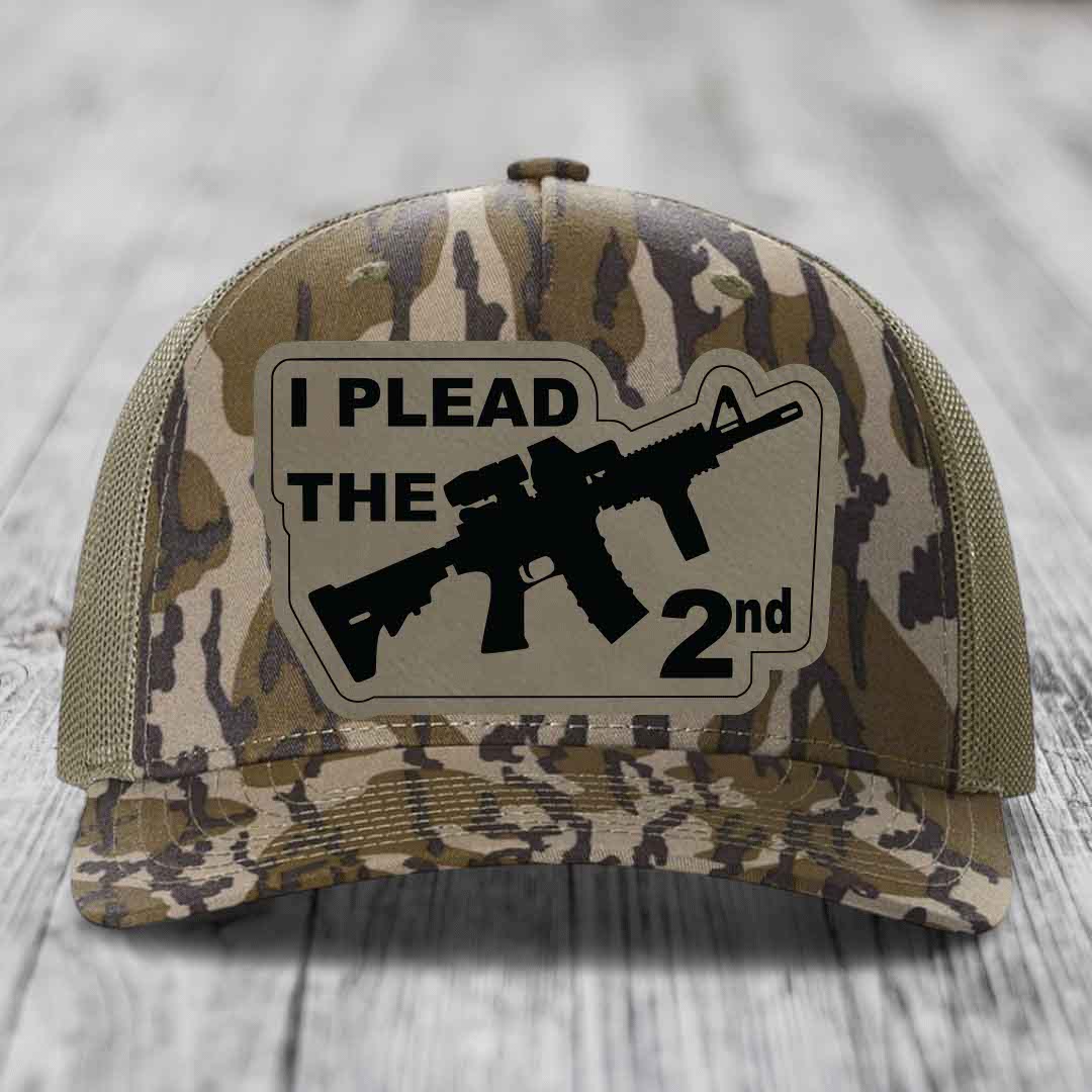 I Plead the 2nd - Leather Patch Hat - Light Brown to Black Patch - Richardson 112PFP Snapback Trucker Hat