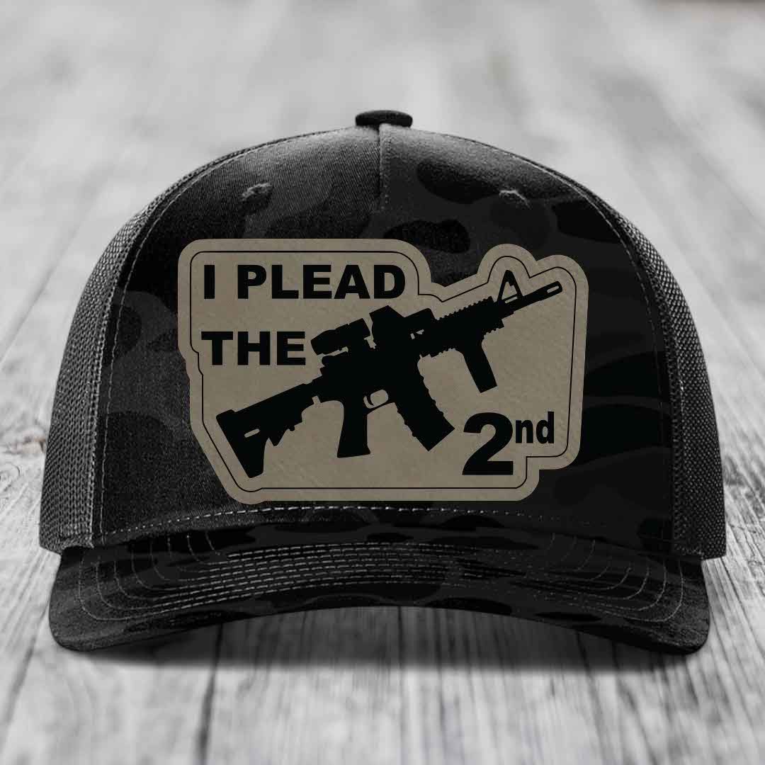 I Plead the 2nd - Leather Patch Hat - Light Brown to Black Patch - Richardson 112PFP Snapback Trucker Hat