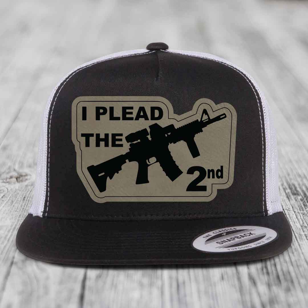 I Plead the 2nd - Leather Patch Hat - Light Brown to Black Patch - Yupoong 6006 Snapback Flatbill Hat