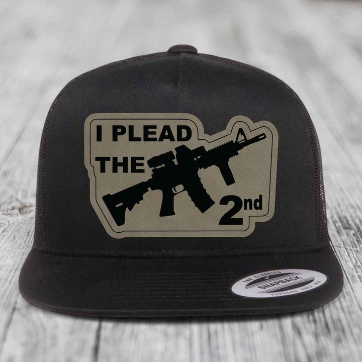 I Plead the 2nd - Leather Patch Hat - Light Brown to Black Patch - Yupoong 6006 Snapback Flatbill Hat
