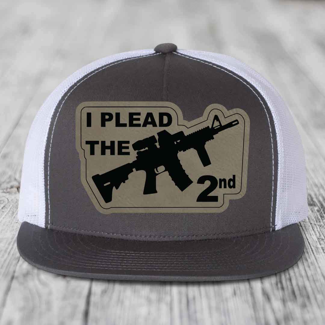 I Plead the 2nd - Leather Patch Hat - Light Brown to Black Patch - Yupoong 6006 Snapback Flatbill Hat