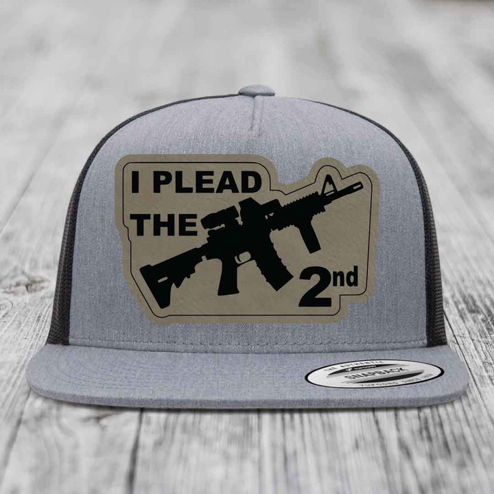 I Plead the 2nd - Leather Patch Hat - Light Brown to Black Patch - Yupoong 6006 Snapback Flatbill Hat