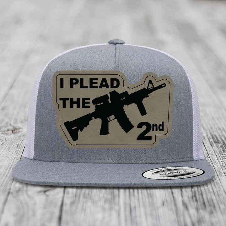 I Plead the 2nd - Leather Patch Hat - Light Brown to Black Patch - Yupoong 6006 Snapback Flatbill Hat