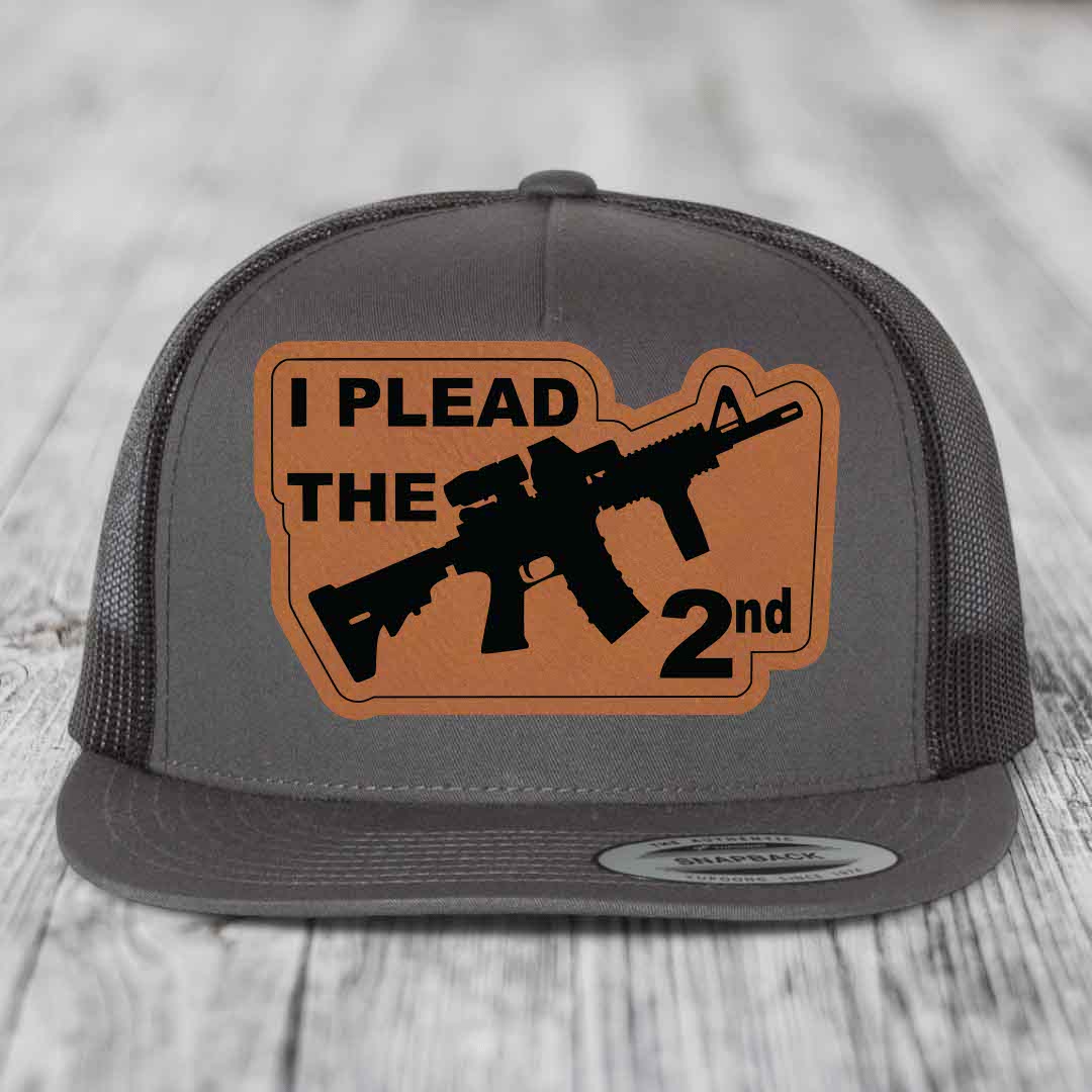 I Plead the 2nd - Leather Patch Hat - Rawhide to Black Patch - Yupoong 6006 Snapback Flatbill Hat