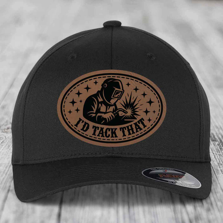 Id Tack That - Leather Patch Hat - Dark Brown to Black Patch - Flexfit 6277 Fitted Hat