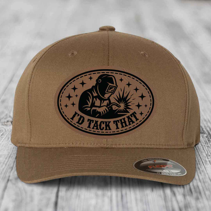 Id Tack That - Leather Patch Hat - Dark Brown to Black Patch - Flexfit 6277 Fitted Hat