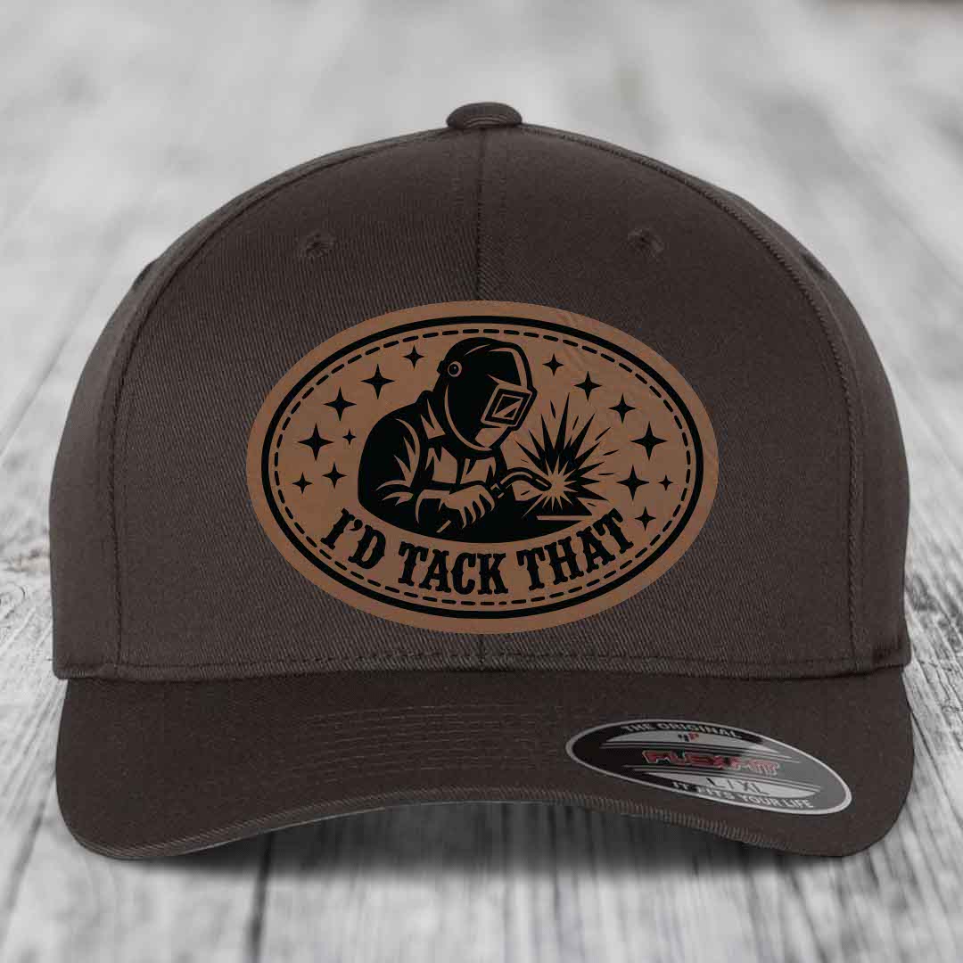 Id Tack That - Leather Patch Hat - Dark Brown to Black Patch - Flexfit 6277 Fitted Hat