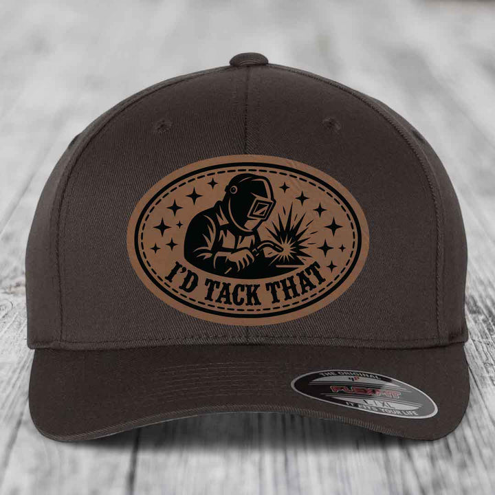 Id Tack That - Leather Patch Hat - Dark Brown to Black Patch - Flexfit 6277 Fitted Hat