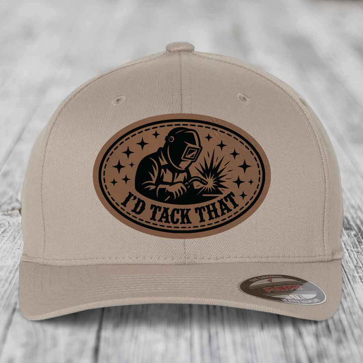 Id Tack That - Leather Patch Hat - Dark Brown to Black Patch - Flexfit 6277 Fitted Hat