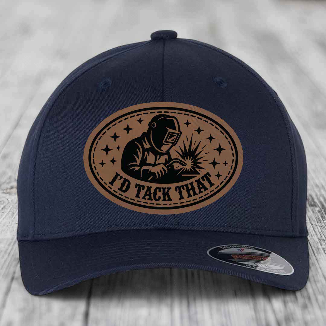 Id Tack That - Leather Patch Hat - Dark Brown to Black Patch - Flexfit 6277 Fitted Hat